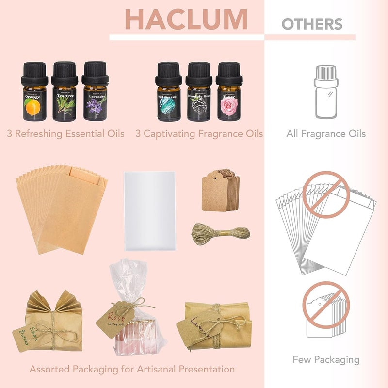 haclum طقم صنع الصابون للبالغين والأطفال - مستلزمات صنع الصابون مع قاعدة صابون ذائبة وصب، قوالب صابون، صندوق قطع، قوالب سيليكون، زيوت عطرية وعطور لمجموعات الحرف اليدوية للمبتدئين - Image 3